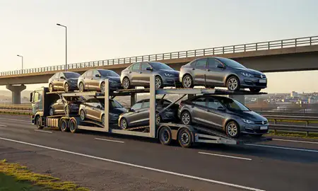 Car transporter with the Swansea, West Glamorgan, United Kingdom skyline behind it