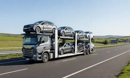 Multi-level car carrier on the motorway to West Lothian, United Kingdom