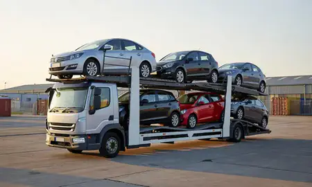 Car transporter loaded with vehicles in West Lothian, United Kingdom