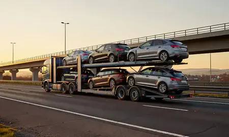 Car transporter with the West Lothian, United Kingdom skyline behind it