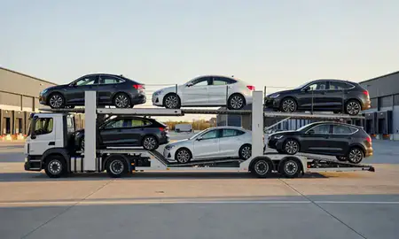 Car transporter parked in an industrial area of Livingston, West Lothian, United Kingdom