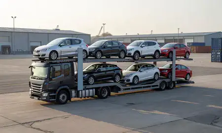 Car transporter loaded with vehicles in Livingston, West Lothian, United Kingdom