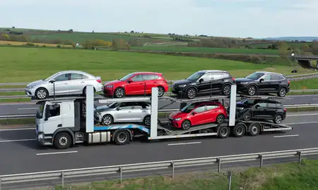 Multi-level car carrier on the motorway to West Midlands, United Kingdom
