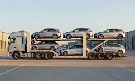 Car transporter parked in an industrial area of West Midlands, United Kingdom