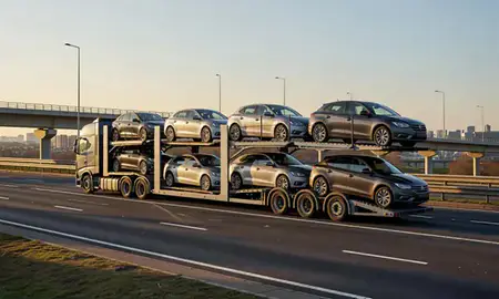 Car transporter with the West Midlands, United Kingdom skyline behind it
