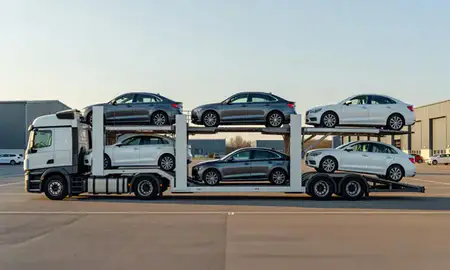 Car transporter parked in an industrial area of Aldridge, West Midlands, United Kingdom