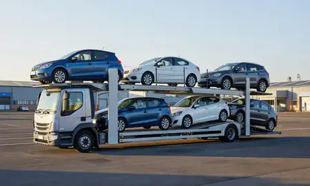 Car transporter loaded with vehicles in Aldridge, West Midlands, United Kingdom