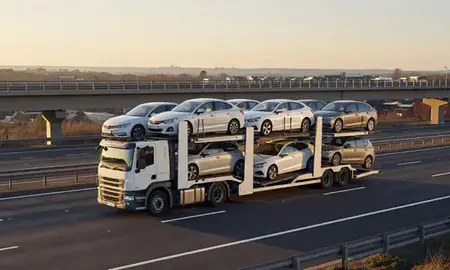 Car transporter with the Aldridge, West Midlands, United Kingdom skyline behind it