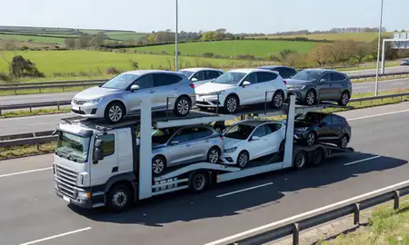 Multi-level car carrier on the motorway to Birmingham, West Midlands, United Kingdom