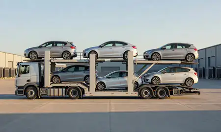 Car transporter parked in an industrial area of Birmingham, West Midlands, United Kingdom