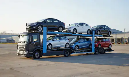 Car transporter loaded with vehicles in Birmingham, West Midlands, United Kingdom