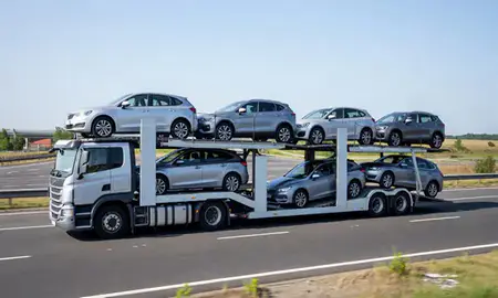 Multi-level car carrier on the motorway to Bloxwich, West Midlands, United Kingdom