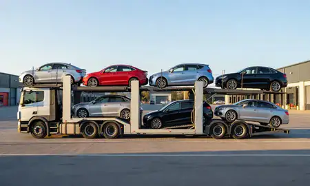 Car transporter parked in an industrial area of Bloxwich, West Midlands, United Kingdom