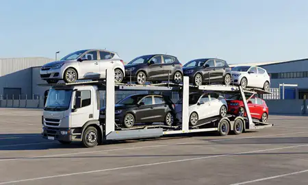 Car transporter loaded with vehicles in Bloxwich, West Midlands, United Kingdom