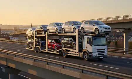 Car transporter with the Bloxwich, West Midlands, United Kingdom skyline behind it