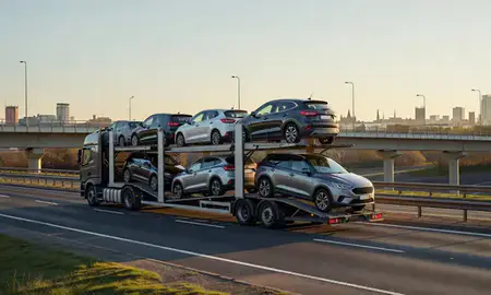 Car transporter with the Coventry, West Midlands, United Kingdom skyline behind it