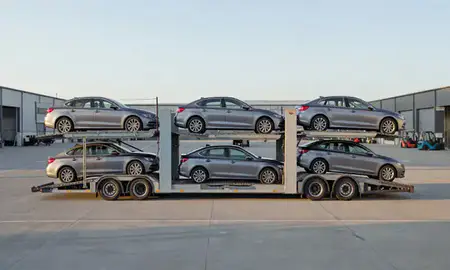 Car transporter parked in an industrial area of Dudley, West Midlands, United Kingdom
