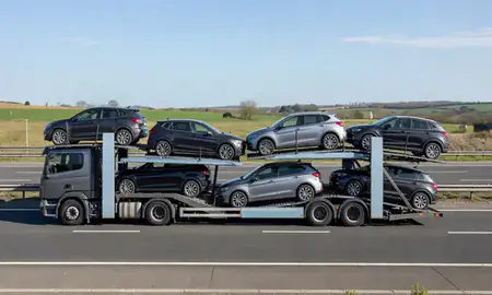 Multi-level car carrier on the motorway to Halesowen, West Midlands, United Kingdom