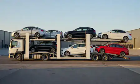Car transporter parked in an industrial area of Halesowen, West Midlands, United Kingdom
