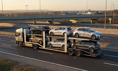 Car transporter with the Halesowen, West Midlands, United Kingdom skyline behind it