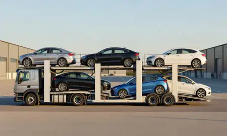 Car transporter parked in an industrial area of Kingswinford, West Midlands, United Kingdom