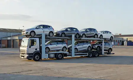 Car transporter loaded with vehicles in Kingswinford, West Midlands, United Kingdom