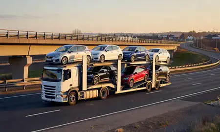Car transporter with the Kingswinford, West Midlands, United Kingdom skyline behind it