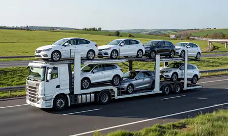 Multi-level car carrier on the motorway to Smethwick, West Midlands, United Kingdom