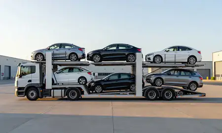 Car transporter parked in an industrial area of Smethwick, West Midlands, United Kingdom