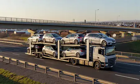 Car transporter with the Smethwick, West Midlands, United Kingdom skyline behind it