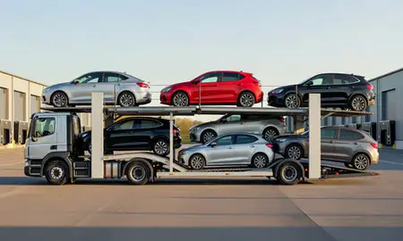 Car transporter parked in an industrial area of Solihull, West Midlands, United Kingdom