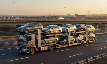Car transporter with the Solihull, West Midlands, United Kingdom skyline behind it