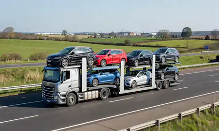Multi-level car carrier on the motorway to Stourbridge, West Midlands, United Kingdom
