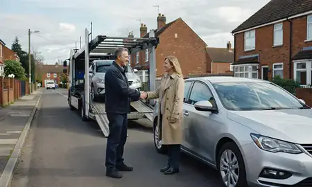Vehicle owner beside their delivered car in Stourbridge, West Midlands, United Kingdom
