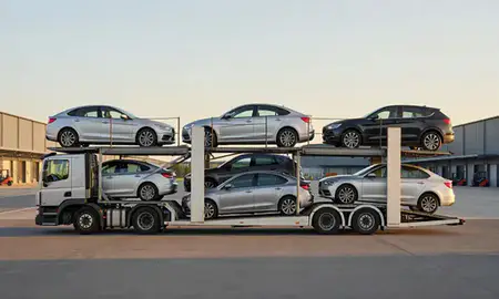 Car transporter parked in an industrial area of Stourbridge, West Midlands, United Kingdom