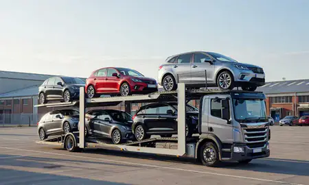 Car transporter loaded with vehicles in Stourbridge, West Midlands, United Kingdom