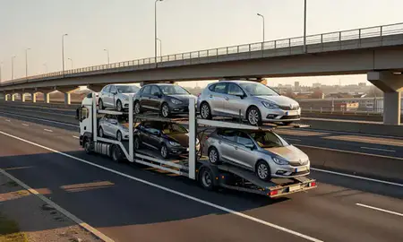 Car transporter with the Stourbridge, West Midlands, United Kingdom skyline behind it