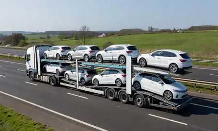 Multi-level car carrier on the motorway to Sutton Coldfield, West Midlands, United Kingdom