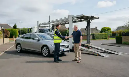 Vehicle owner beside their delivered car in Sutton Coldfield, West Midlands, United Kingdom