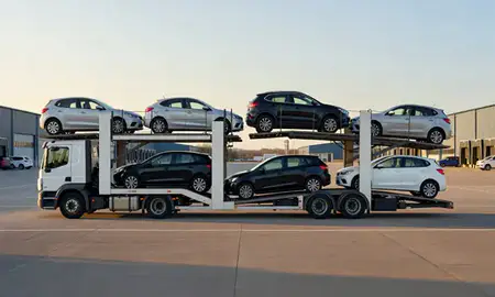Car transporter parked in an industrial area of Sutton Coldfield, West Midlands, United Kingdom
