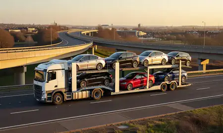 Car transporter with the Sutton Coldfield, West Midlands, United Kingdom skyline behind it