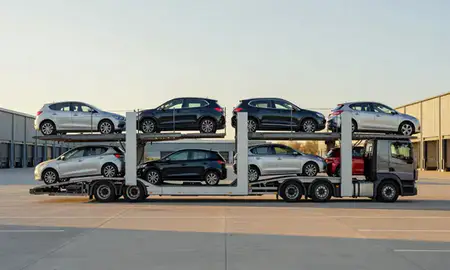 Car transporter parked in an industrial area of Tipton, West Midlands, United Kingdom