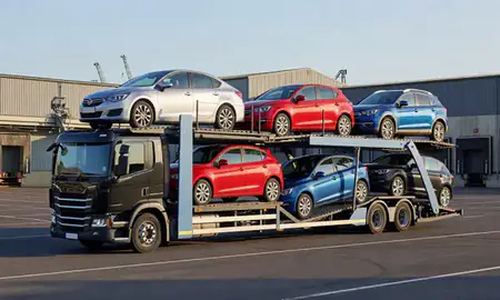 Car transporter loaded with vehicles in Tipton, West Midlands, United Kingdom