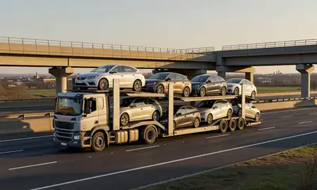 Car transporter with the Tipton, West Midlands, United Kingdom skyline behind it