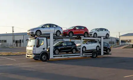 Car transporter loaded with vehicles in Walsall, West Midlands, United Kingdom
