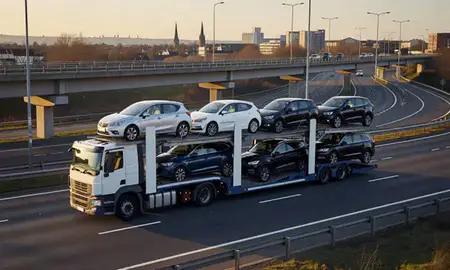 Car transporter with the Walsall, West Midlands, United Kingdom skyline behind it