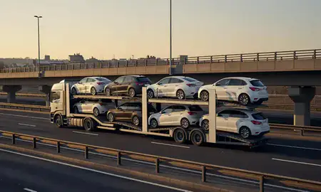 Car transporter with the West Bromwich, West Midlands, United Kingdom skyline behind it