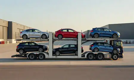 Car transporter parked in an industrial area of Willenhall, West Midlands, United Kingdom