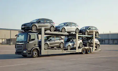 Car transporter loaded with vehicles in Willenhall, West Midlands, United Kingdom