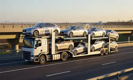 Car transporter with the Willenhall, West Midlands, United Kingdom skyline behind it